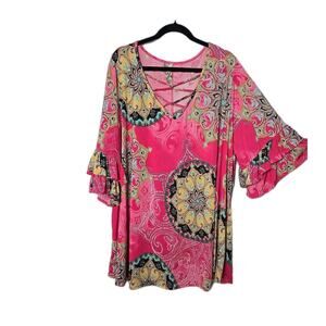 VOLL - Pink Paisley Print Stretch Knit Ruffle Sleeve Top Plus Size 5X